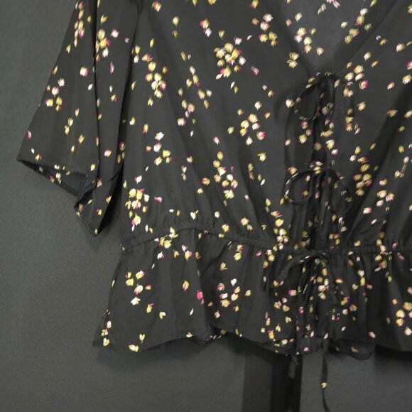 ANA A New Approach Blouse Womens XL Black Floral Boho Peplum Tie Front Cropped T - Picture 2 of 5